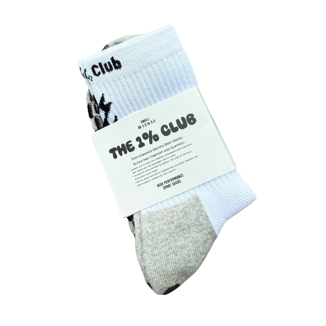 Pair of socks with a label reading 'The 1% Club' on a white background